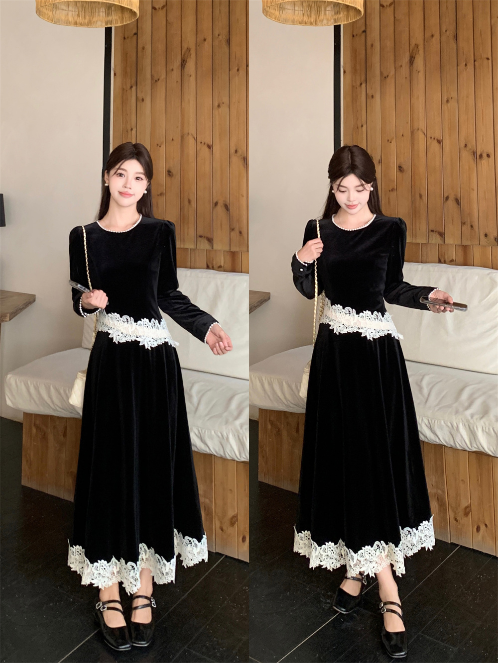MY14653# 大码法式精致风假两件连衣裙秋季撞色黑色丝绒裙女裝貨源服裝批發