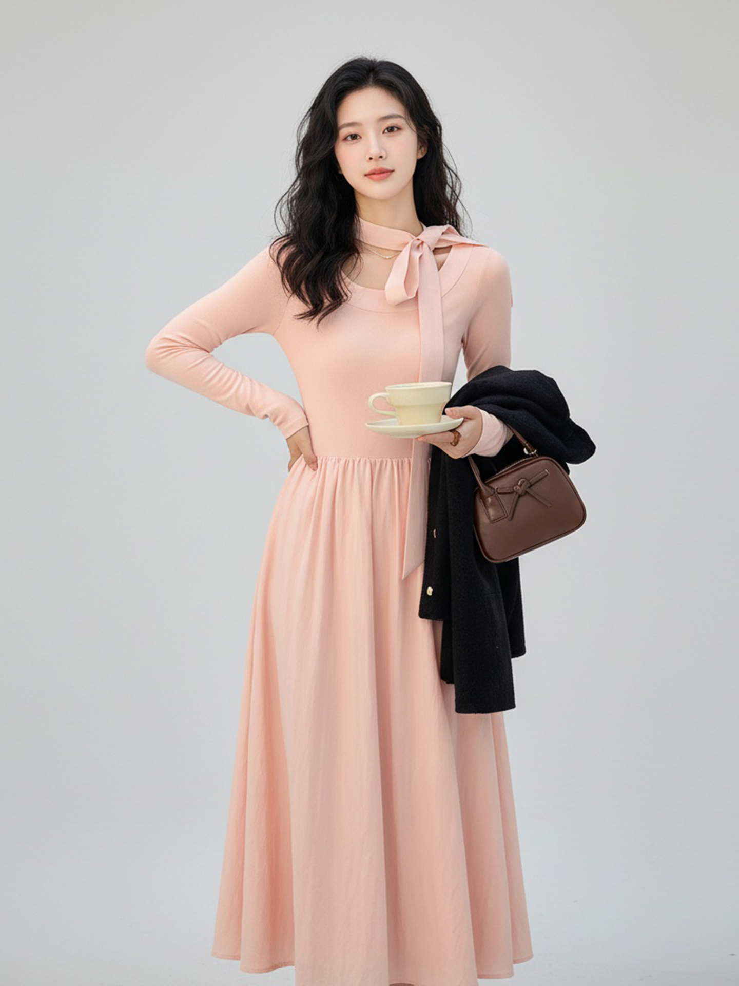 MY15799# 韩版新款挂脖针织长袖连衣裙女温柔风收腰后背镂空长裙潮女裝...