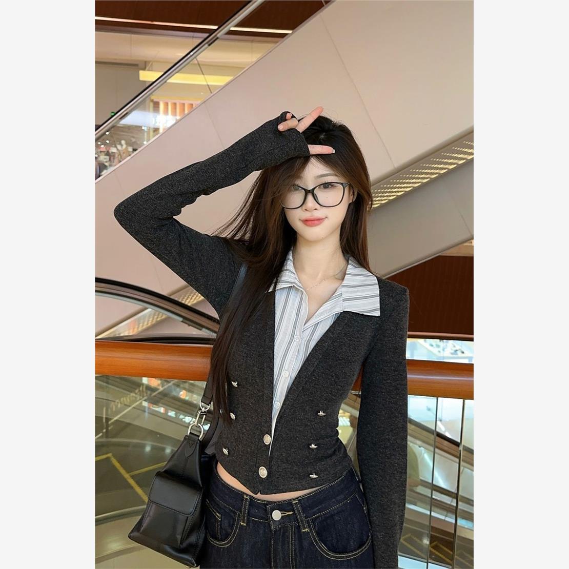 MY15801# 学院风假两件拼接长袖T恤小个子辣妹修身显瘦短款翻领上衣女...