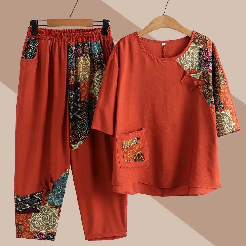 RY3322# 妈妈夏装棉麻套装女大码中老年人复古民族风奶奶短袖t恤衫两件...