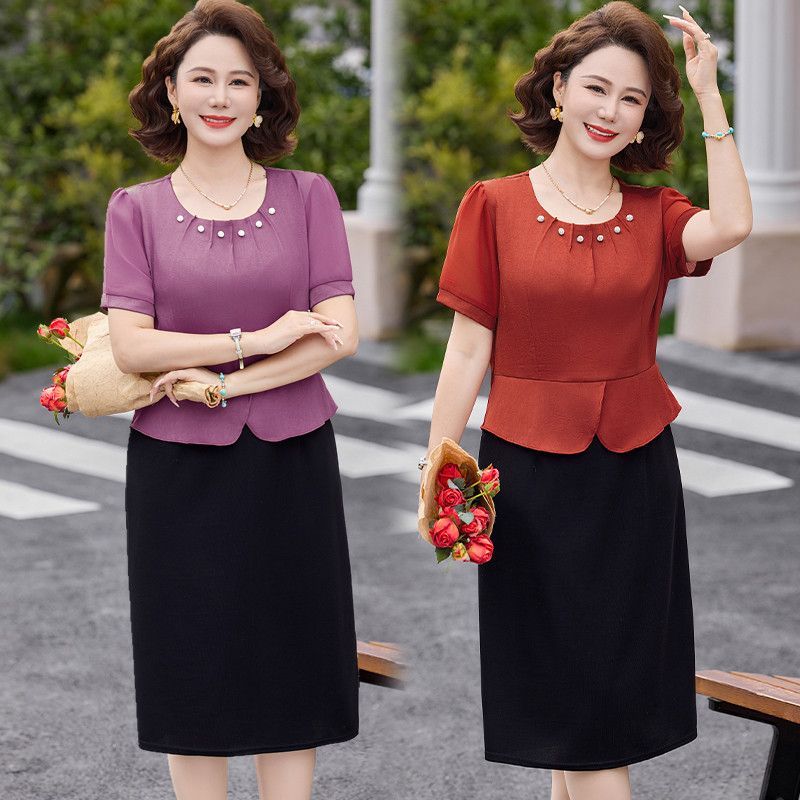 RY3321# 夏季洋气中老年女装圆领假两件连衣裙妈妈装简约遮肉显瘦短袖裙...