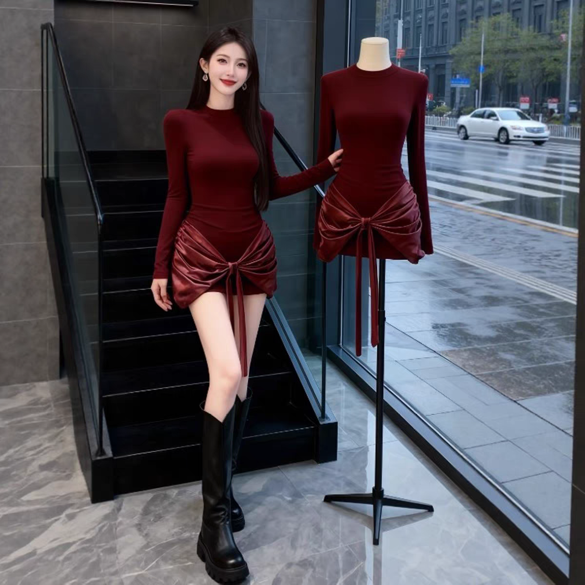 MY16587# 法式气质红色打底连衣裙女绝美巨好看轻熟御姐修身包臀短裙女...