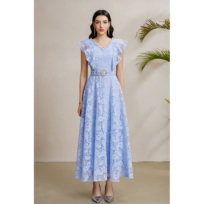 RY1243# 度假V领刺钉珠阔摆飞袖长款连衣裙