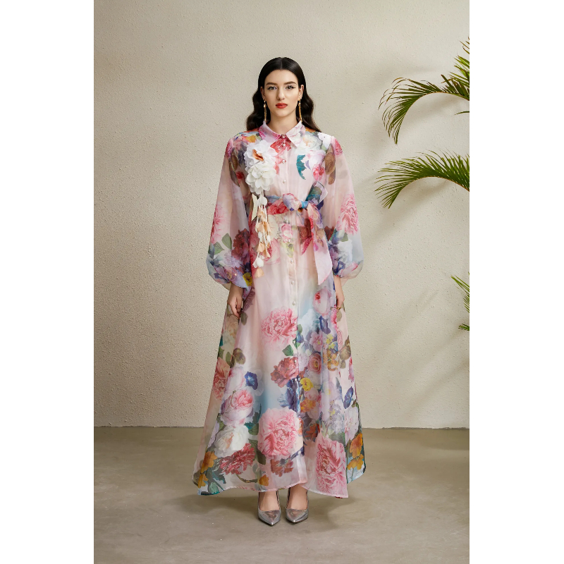 MY13969# KAROLINA翻领绑带胸花阔摆印花长款连衣裙女裝貨源服...