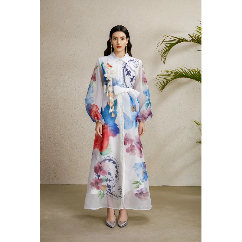 MY13967# KAROLINA-翻领绑带胸花阔摆印花长款连衣裙女裝貨源...