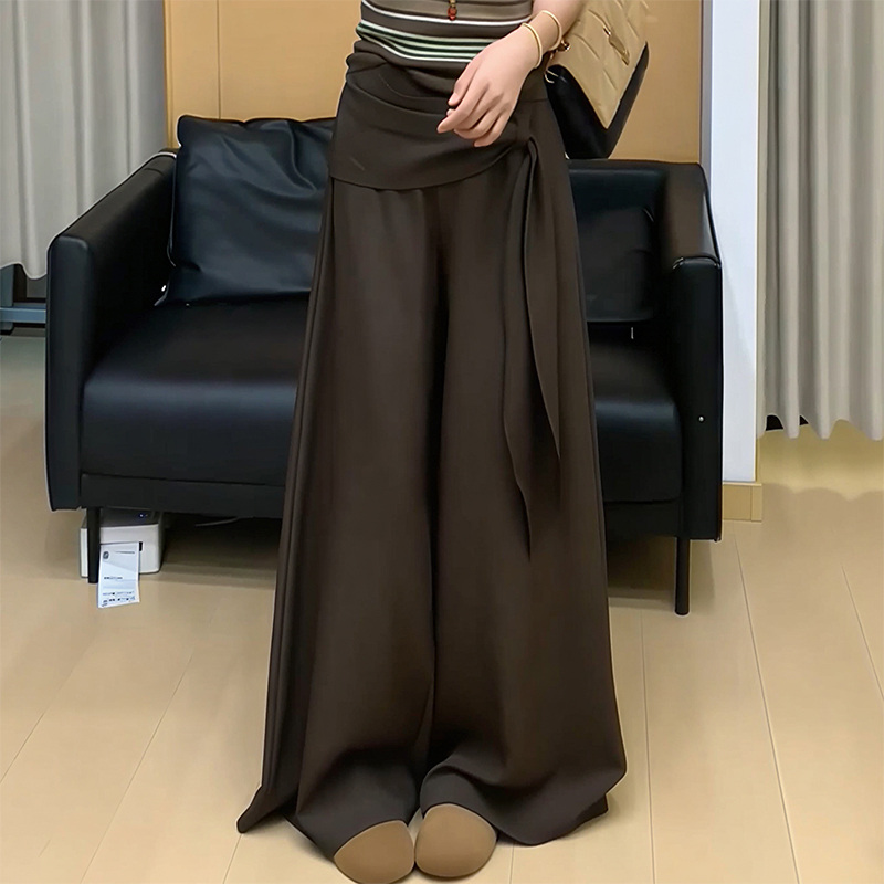 MY13230# 美拉德咖色阔腿裤女新款松弛感高腰绑带显瘦拖地休闲长裤女裝...