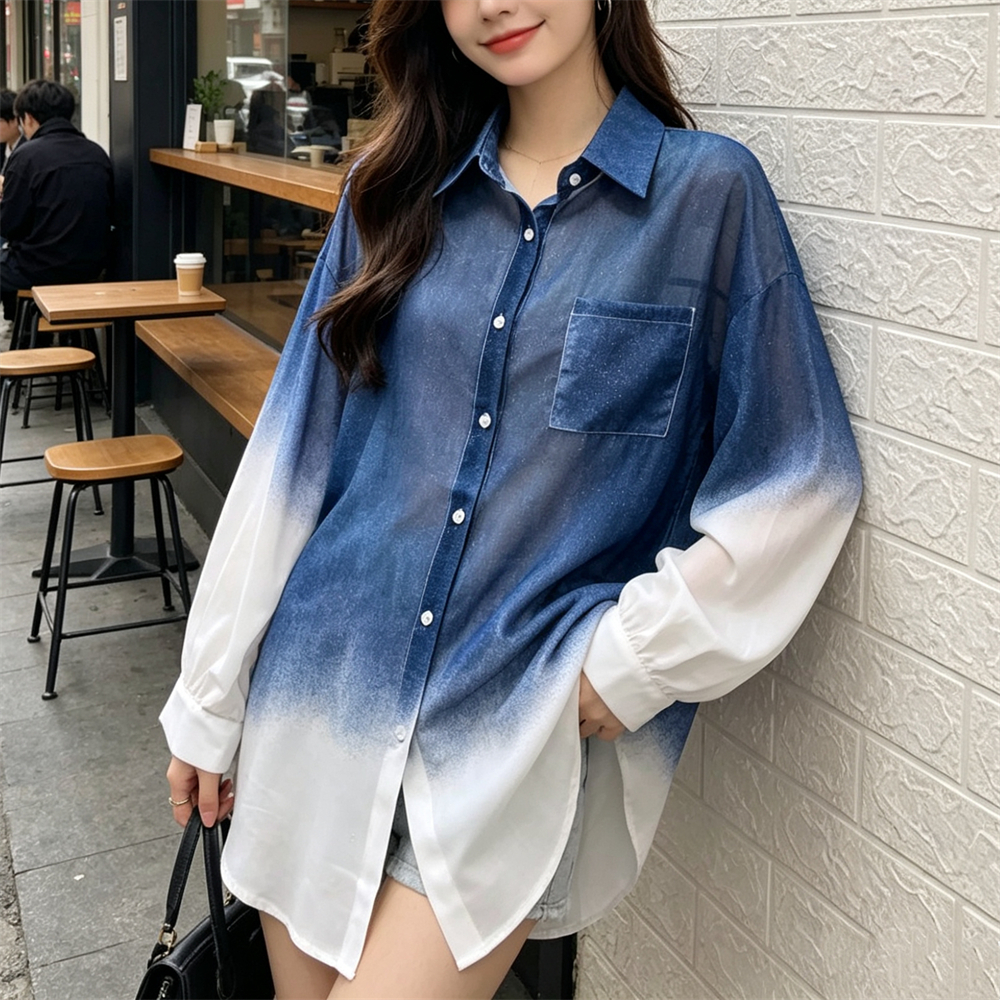 RY6478# 实拍  设计感渐变色长袖开衫上衣女2026夏季新款通勤风防...