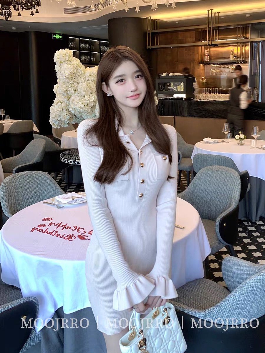 MY15548# 小香风半开领长袖针织连衣裙女纯欲名媛气质紧身收腰包臀短裙...
