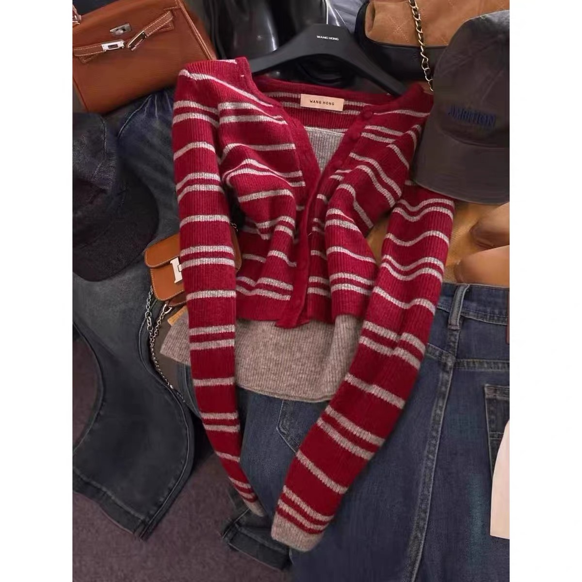 MY15546# 设计感单排扣条纹针织衫新款韩版假两件气质修身显瘦百搭上衣...