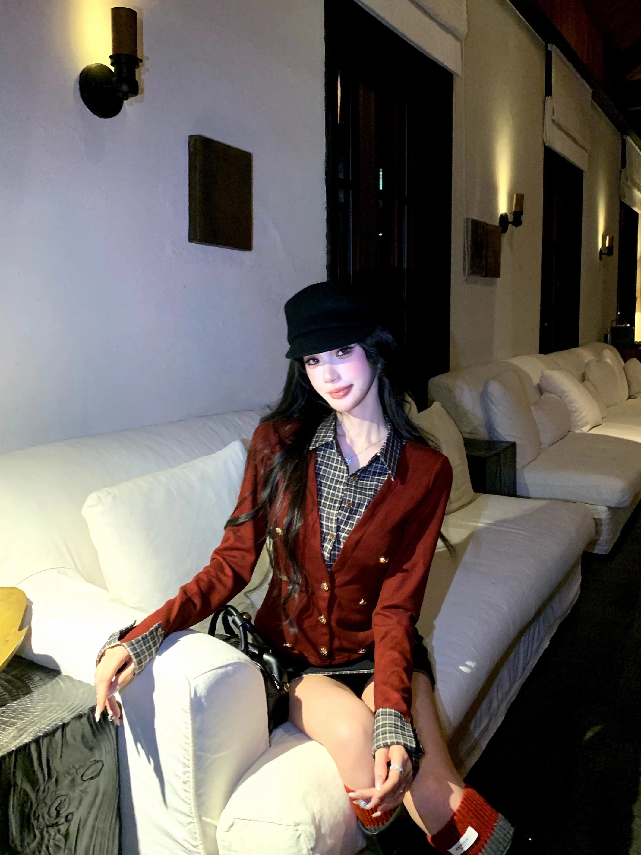 MY15543# Barb Chill红色圣诞针织衫女冬季学院风假两件格纹...