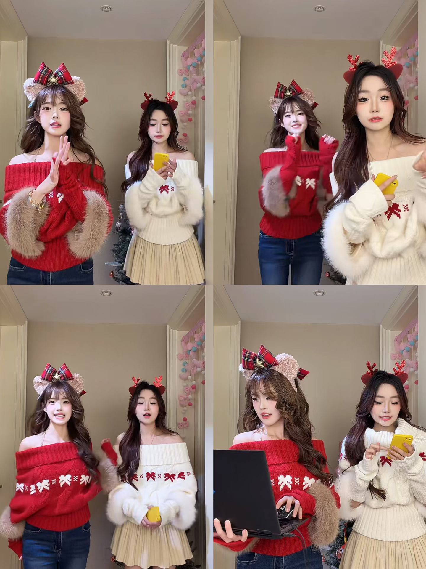 MY15545# 圣诞红色一字肩毛毛针织毛衣女秋冬季加厚小个子慵懒气质收腰...