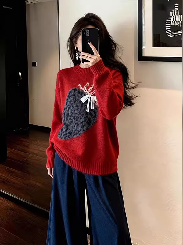 MY15625# 慵懒风红色草莓提花针织上衣新款休闲宽松中长款毛衣女裝貨源服裝批發