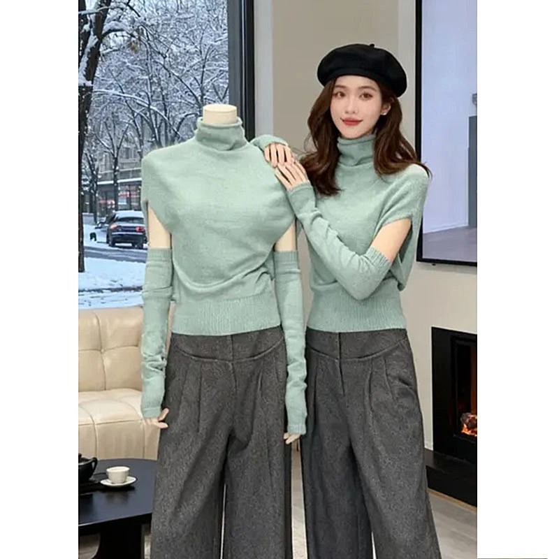 MY15623# 时尚百搭高领蝙蝠袖针织打底衫女新款韩系气质袖套收腰上衣女裝貨源服裝批發