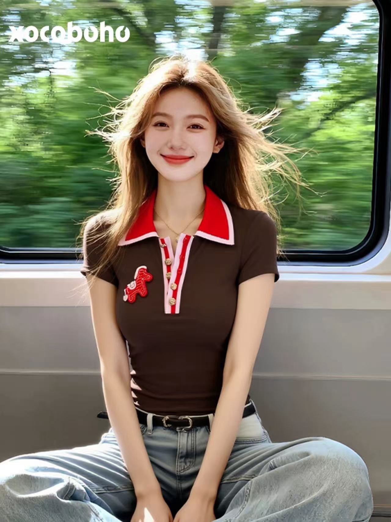 RY2416# 2026夏季独特超好看单穿上衣小众不撞款Polo领咖色短袖...