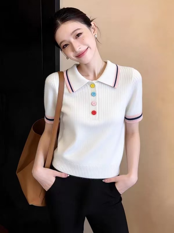 RY2415# 巨好看绝美小个子漂亮polo领撞色针织短袖女彩色扣子显瘦气...
