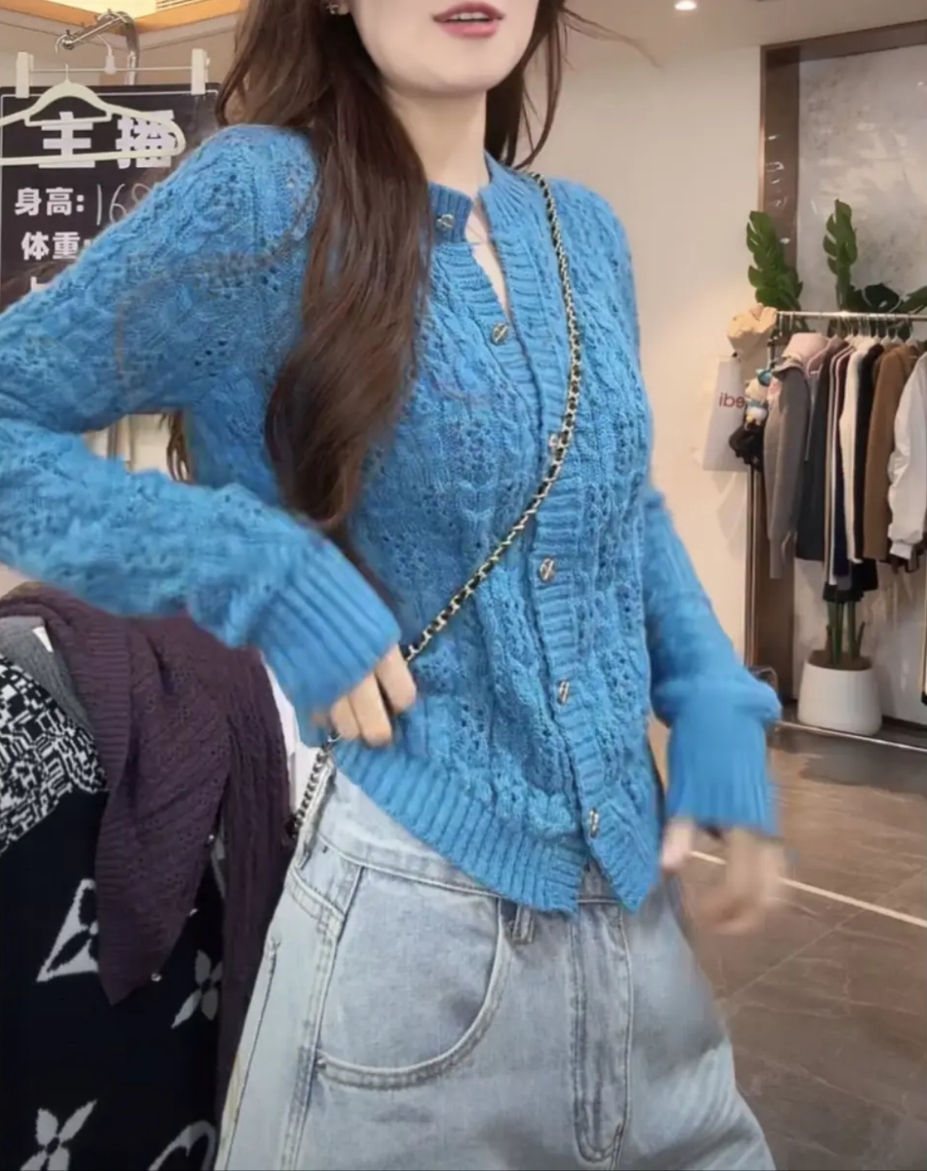 RY2414# 温柔风气质镂空飘带针织开衫女春季短款百搭宽松显瘦毛衣外套上...