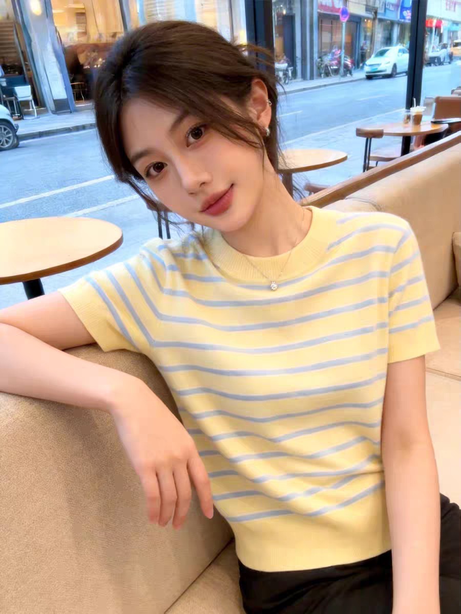 黃色條紋圓領寬松短袖T恤女2026夏季多巴胺甜美溫柔慵懶休閑上衣