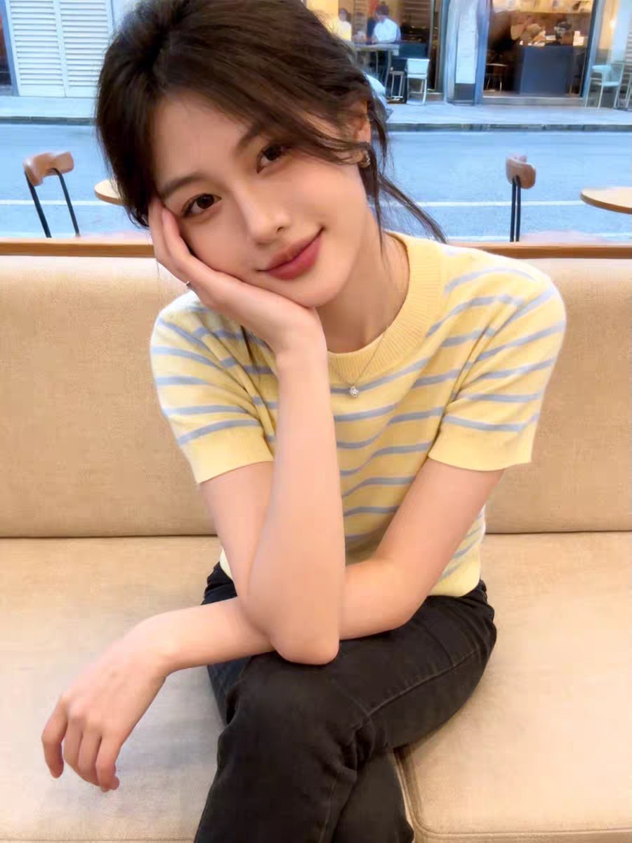 黃色條紋圓領寬松短袖T恤女2026夏季多巴胺甜美溫柔慵懶休閑上衣