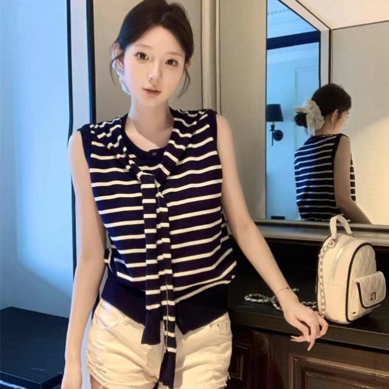 韓系設計感假兩件披肩條紋無袖針織開衫上衣女夏小眾別致針織背心