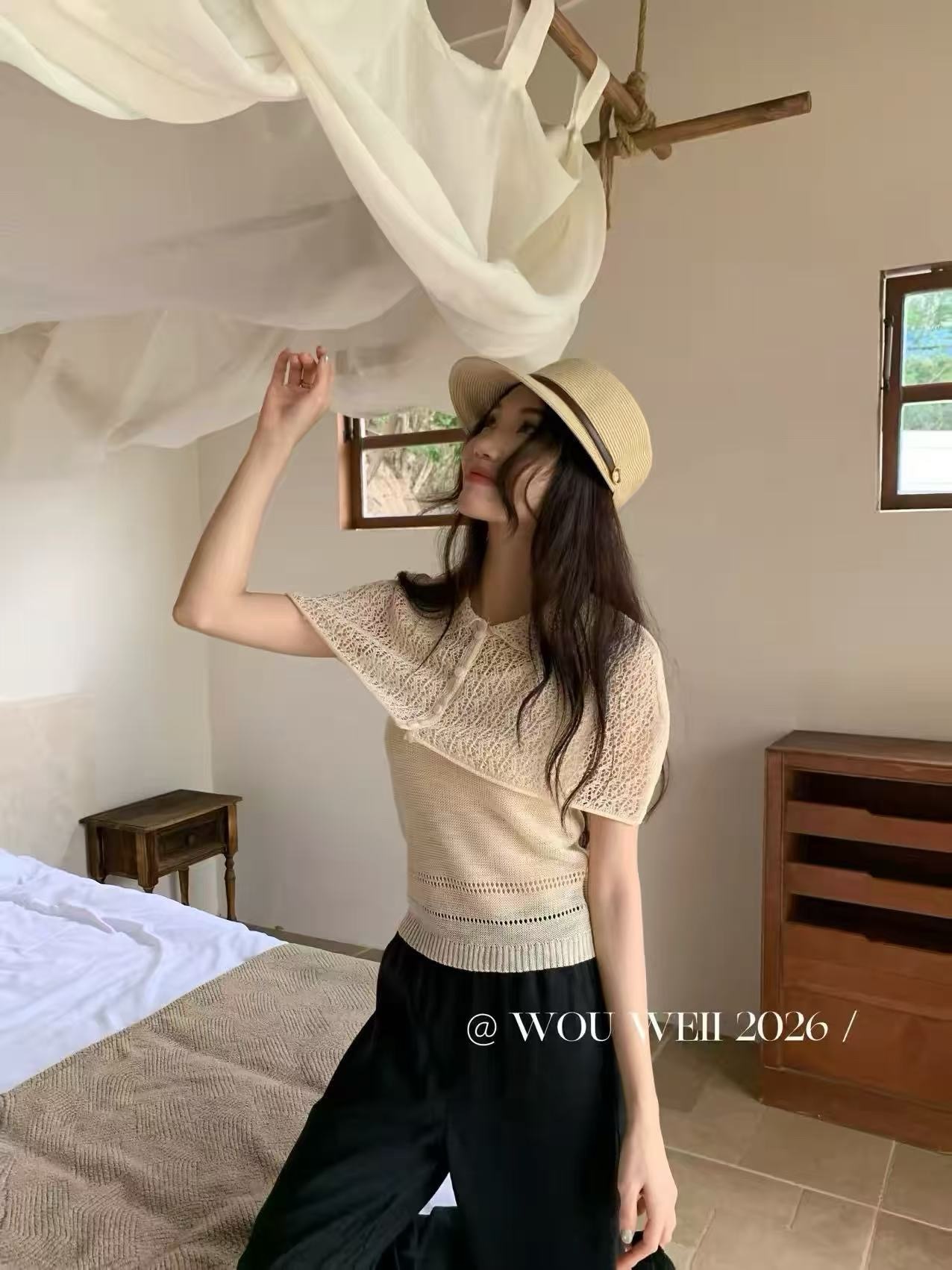 輕熟優雅風POLO領鏤空針織衫女短袖杏色通勤上衣夏季2026年新款