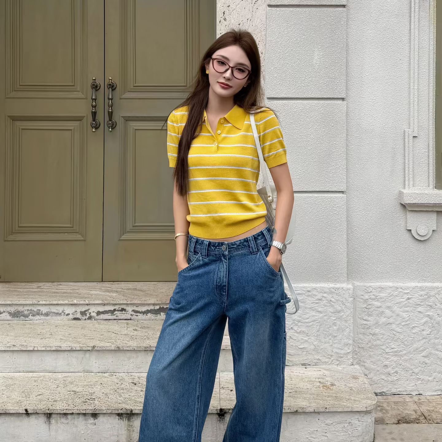 韓版輕熟風黃色條紋polo衫短袖女2026年春季新款氣質百搭減齡上衣