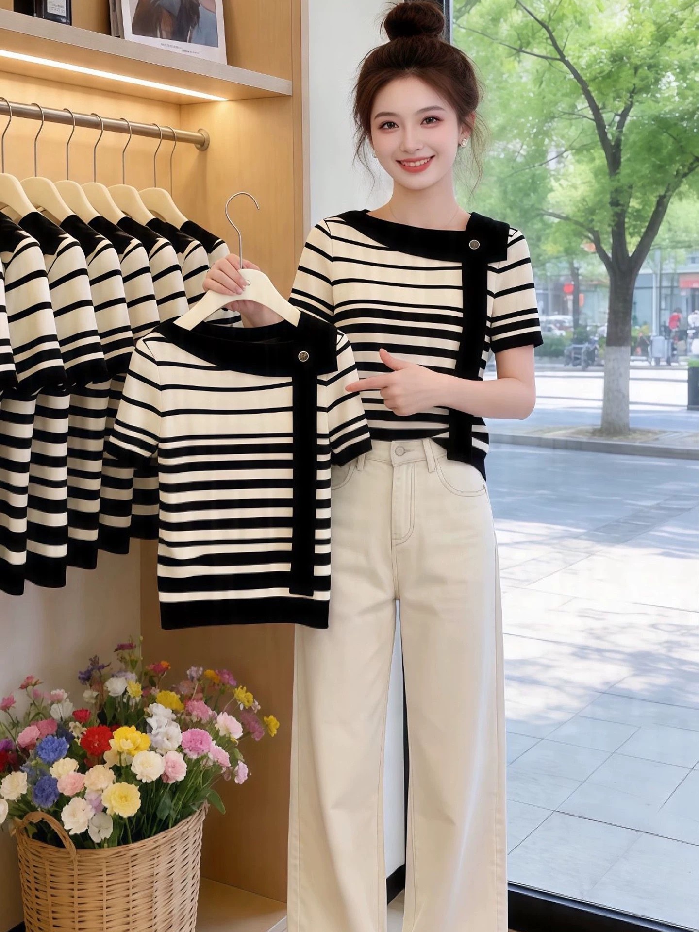 黑色條紋飄帶領修身顯瘦短袖T恤女2026夏季獨特漂亮chic韓系上衣