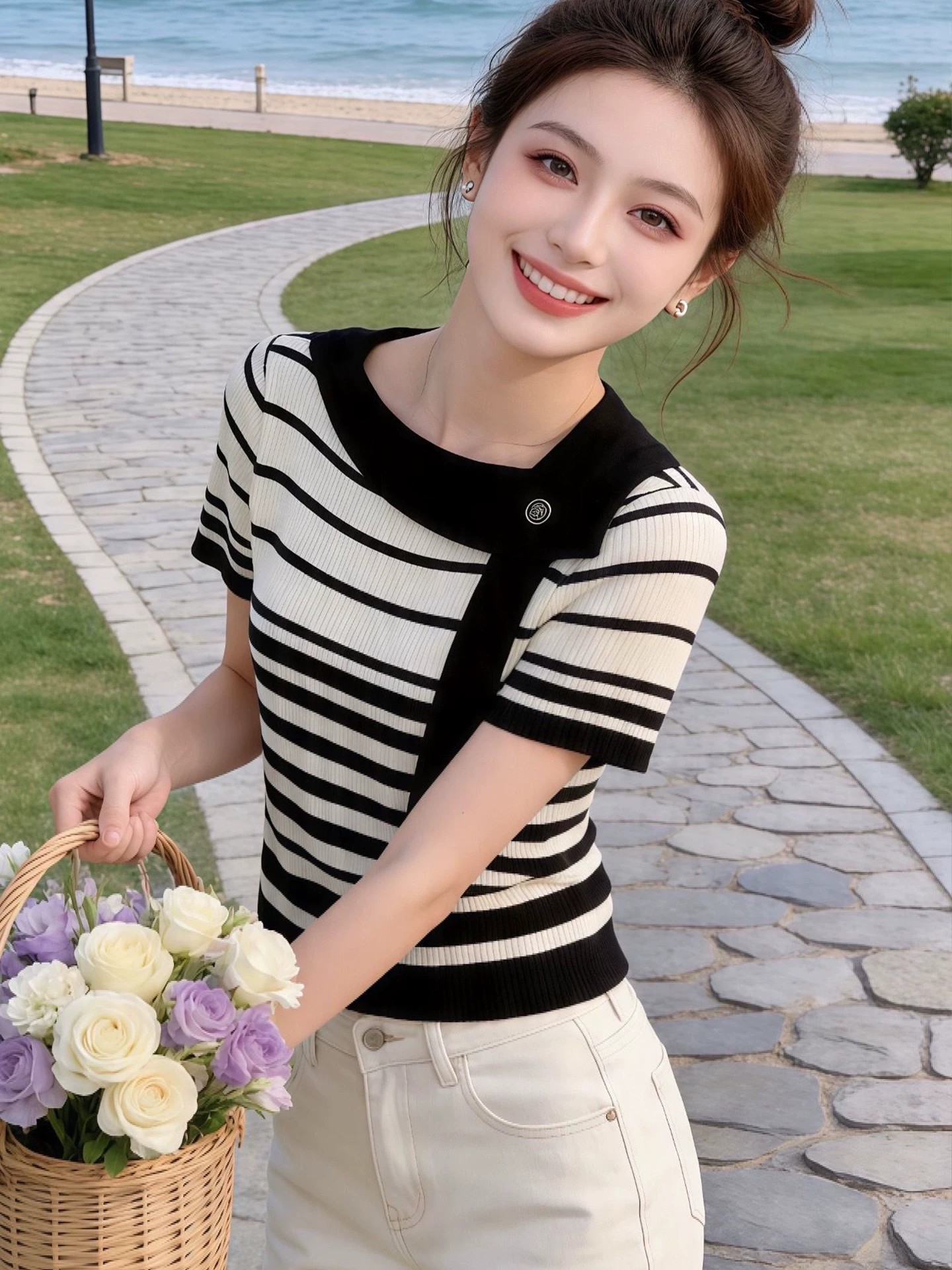 黑色條紋飄帶領修身顯瘦短袖T恤女2026夏季獨特漂亮chic韓系上衣