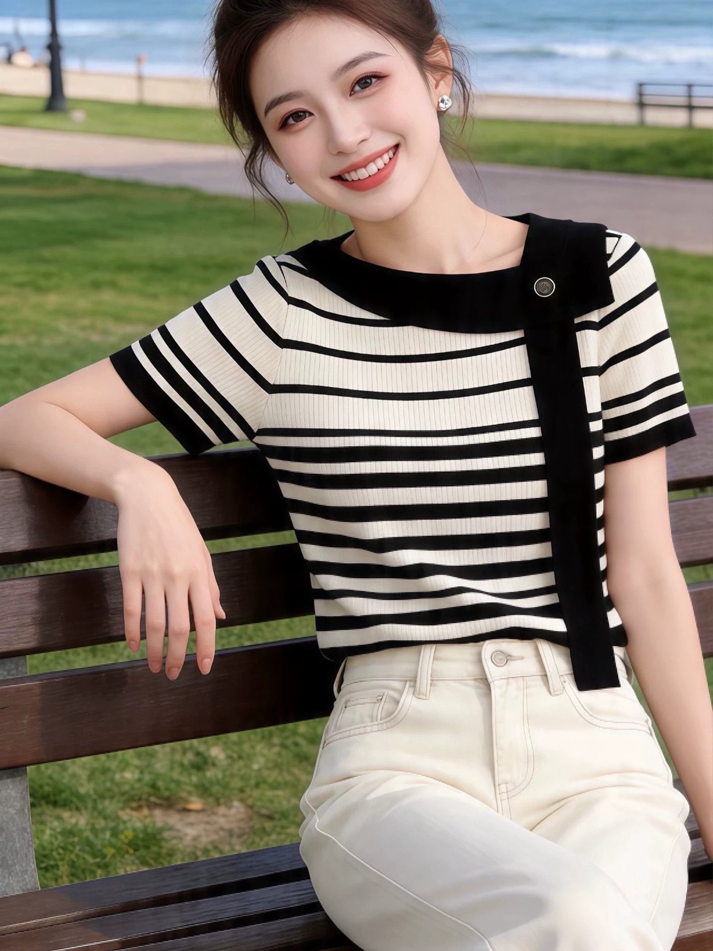 黑色條紋飄帶領修身顯瘦短袖T恤女2026夏季獨特漂亮chic韓系上衣
