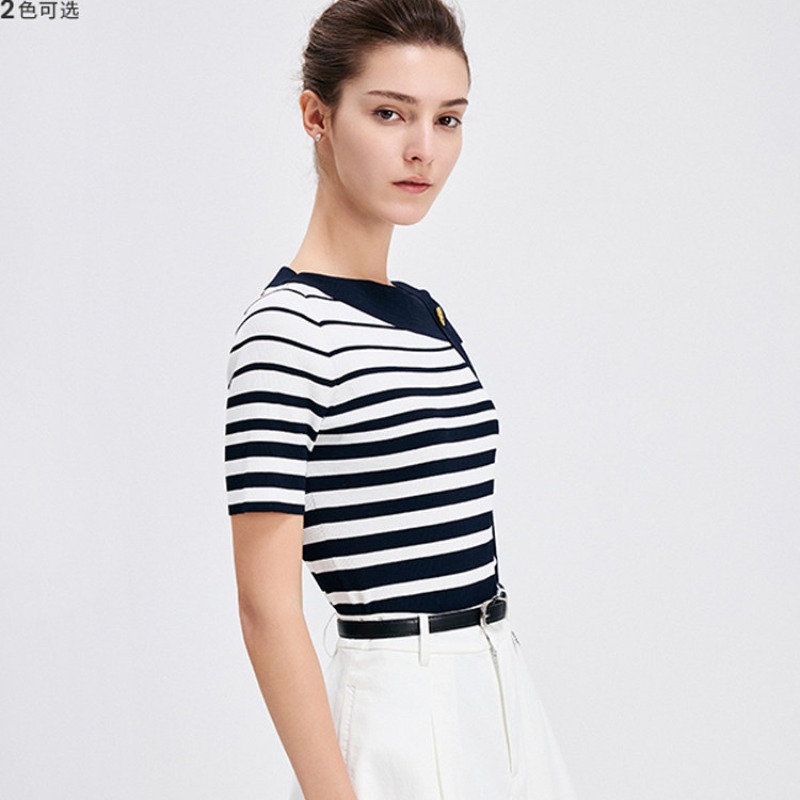 黑色條紋飄帶領修身顯瘦短袖T恤女2026夏季獨特漂亮chic韓系上衣