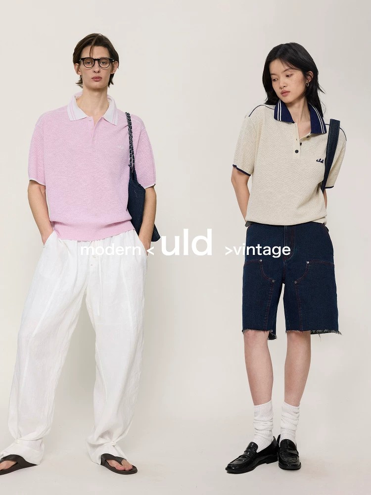 ULD/摩登復古勾織肌理雜花亞麻撞色中古翻領POLO衫短袖T恤男女夏