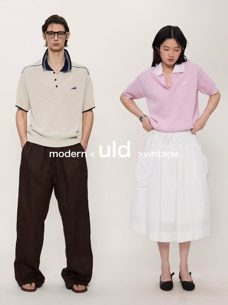 ULD/摩登復古勾織肌理雜花亞麻撞色中古翻領POLO衫短袖T恤男女夏