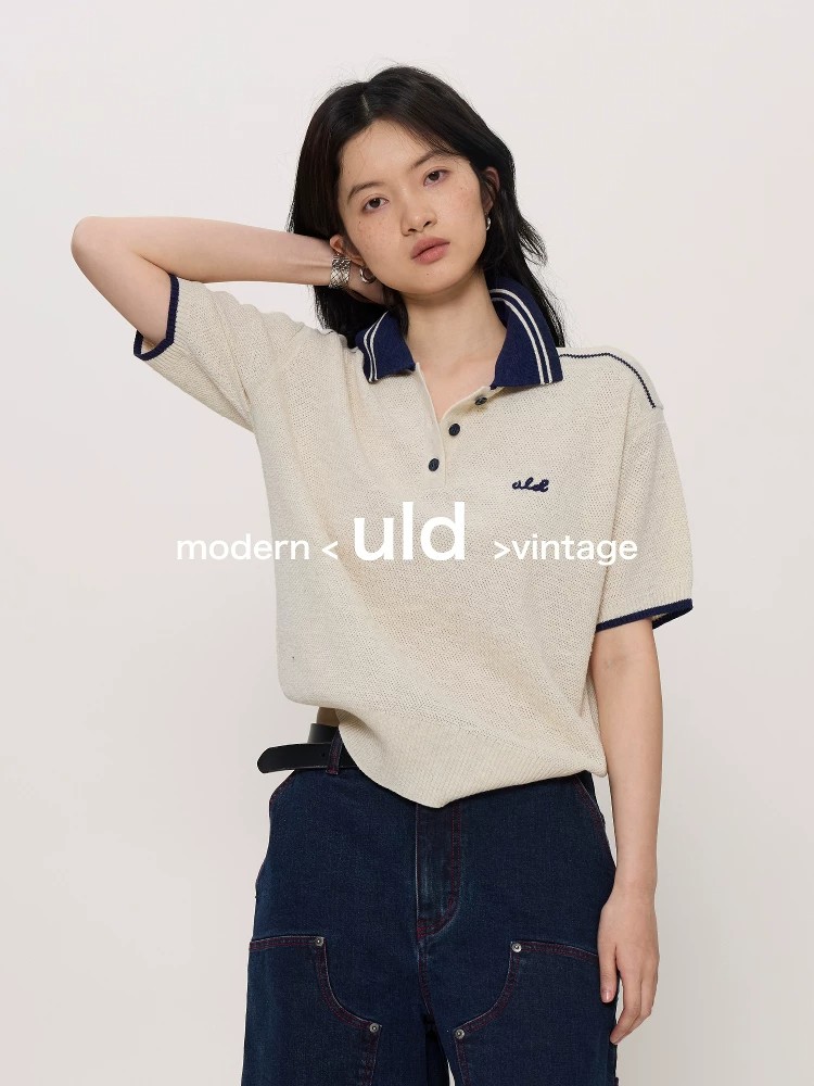 ULD/摩登復古勾織肌理雜花亞麻撞色中古翻領POLO衫短袖T恤男女夏