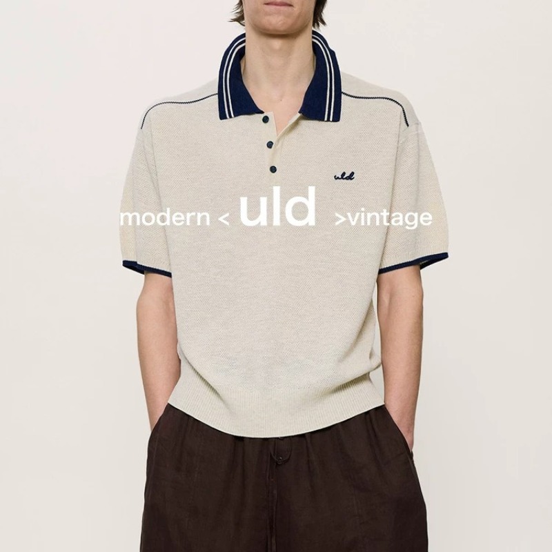 ULD/摩登復古勾織肌理雜花亞麻撞色中古翻領POLO衫短袖T恤男女夏