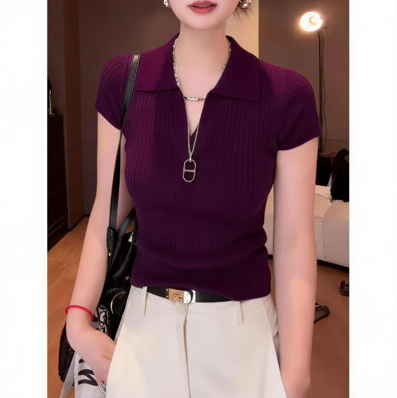 原版安迪絨 坑條灰色翻領針織短袖t恤女款高級感氣質百搭短款上衣