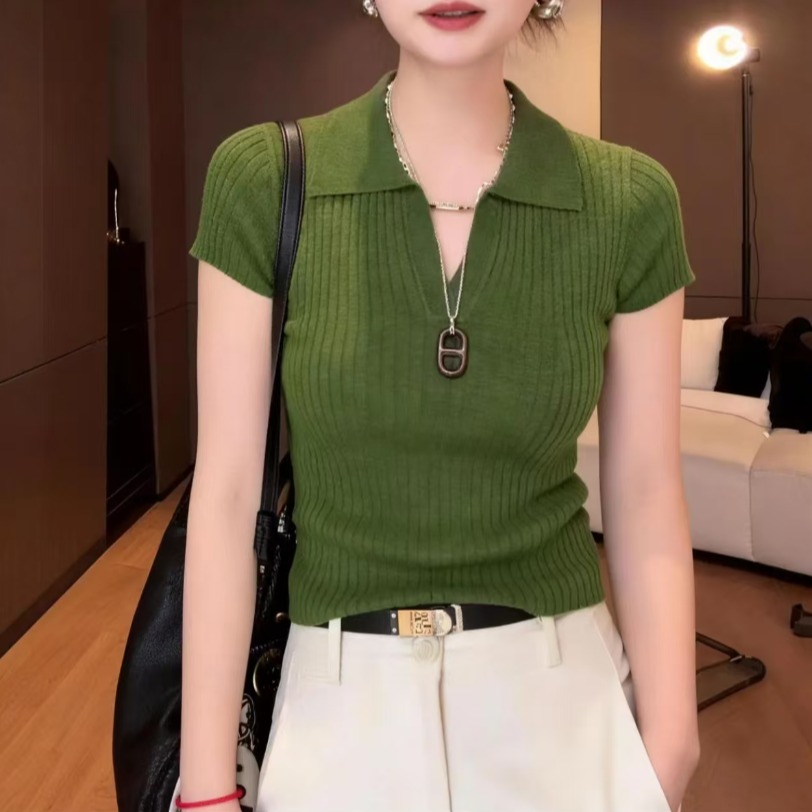 原版安迪絨 坑條灰色翻領針織短袖t恤女款高級感氣質百搭短款上衣