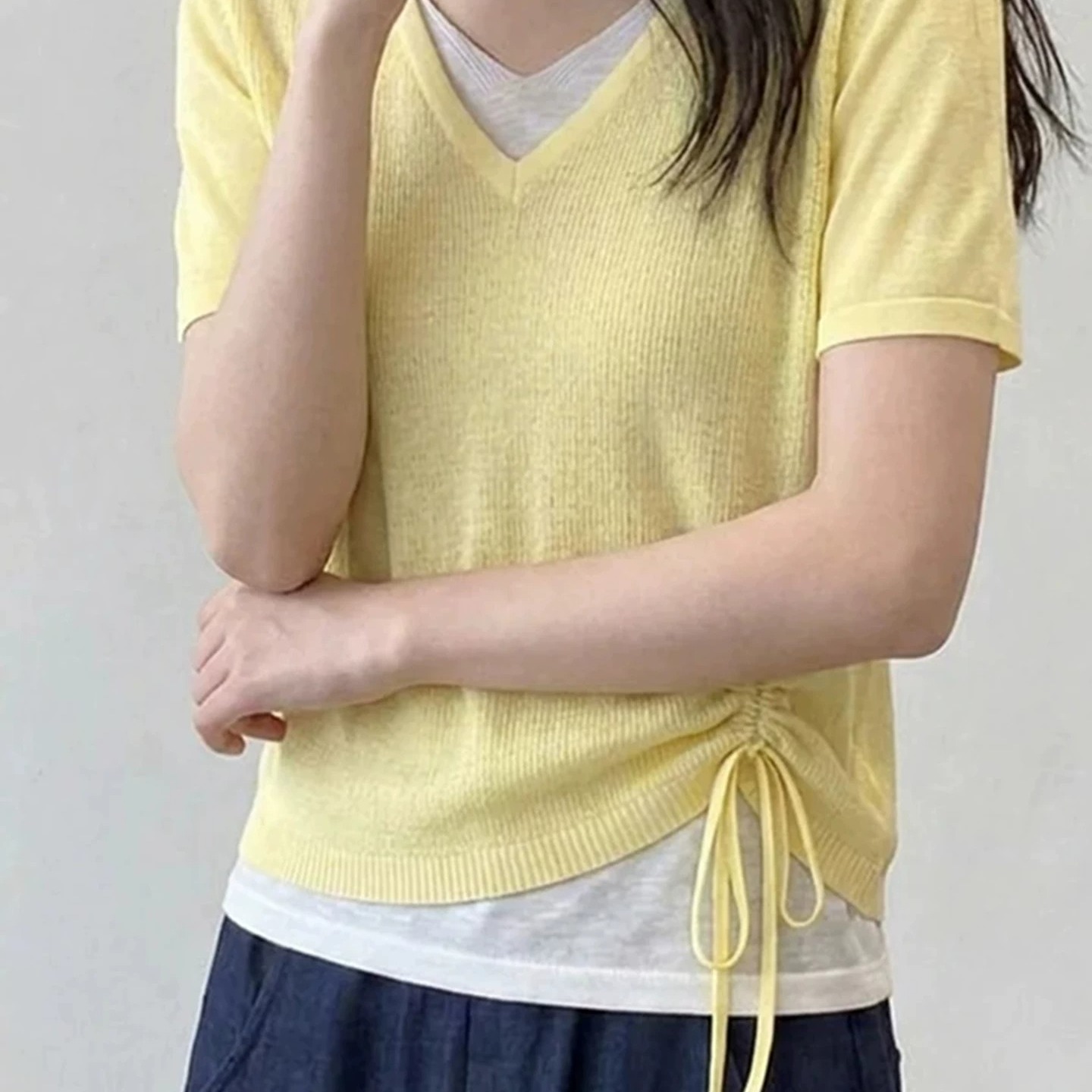 韓式假兩件V領抽繩收腰顯瘦短袖T恤女夏季薄款設計感上衣