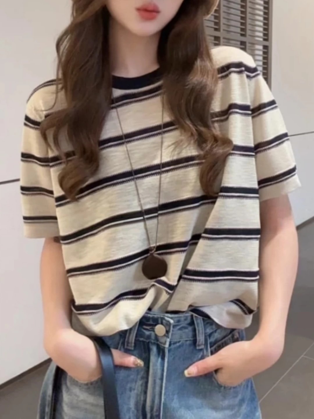 歐貨愛心條紋2026夏季薄款短袖T恤女大碼胖m寬松遮肉百搭休閑上衣