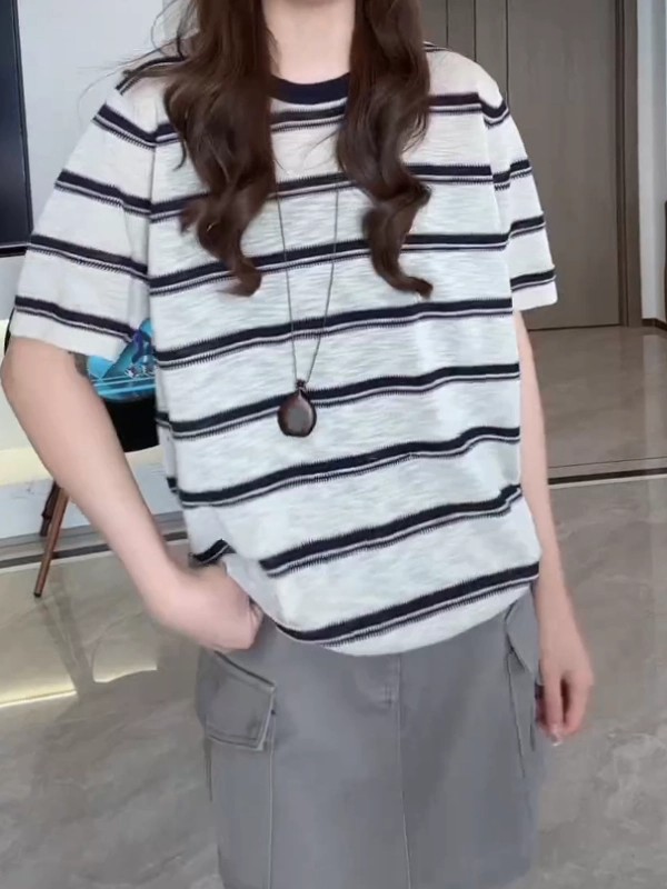 歐貨愛心條紋2026夏季薄款短袖T恤女大碼胖m寬松遮肉百搭休閑上衣