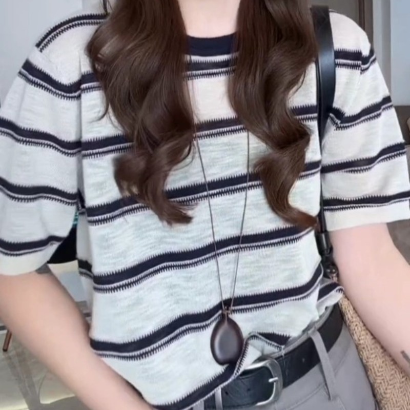 歐貨愛心條紋2026夏季薄款短袖T恤女大碼胖m寬松遮肉百搭休閑上衣