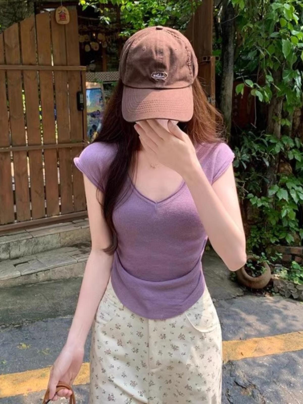 紫色針織冰絲v領法式掐腰顯瘦修身短款上衣正肩收腰短袖t恤女夏季