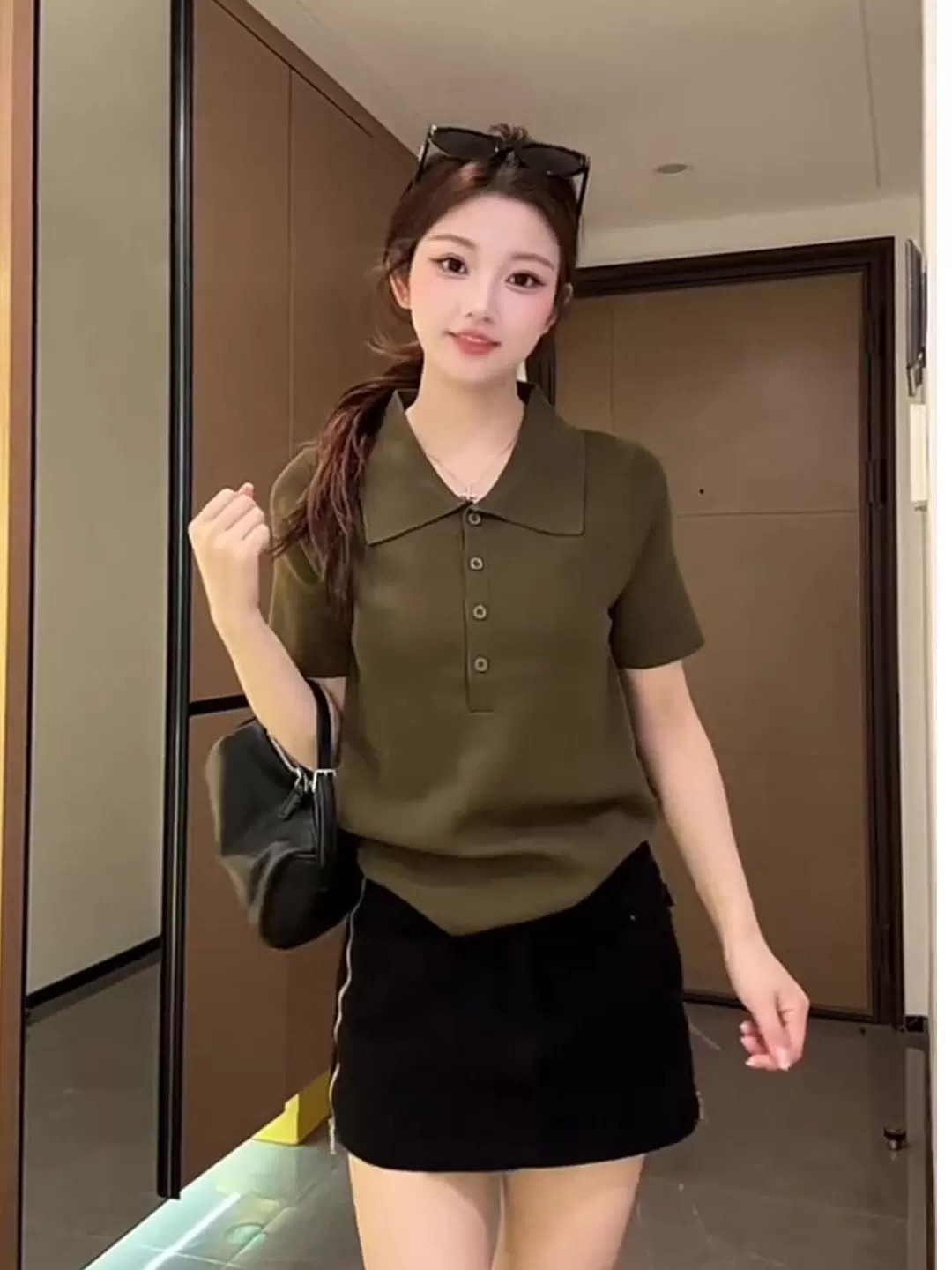 韓系老錢風polo領短袖t恤針織衫女夏季修身顯瘦簡約百搭休閑上衣