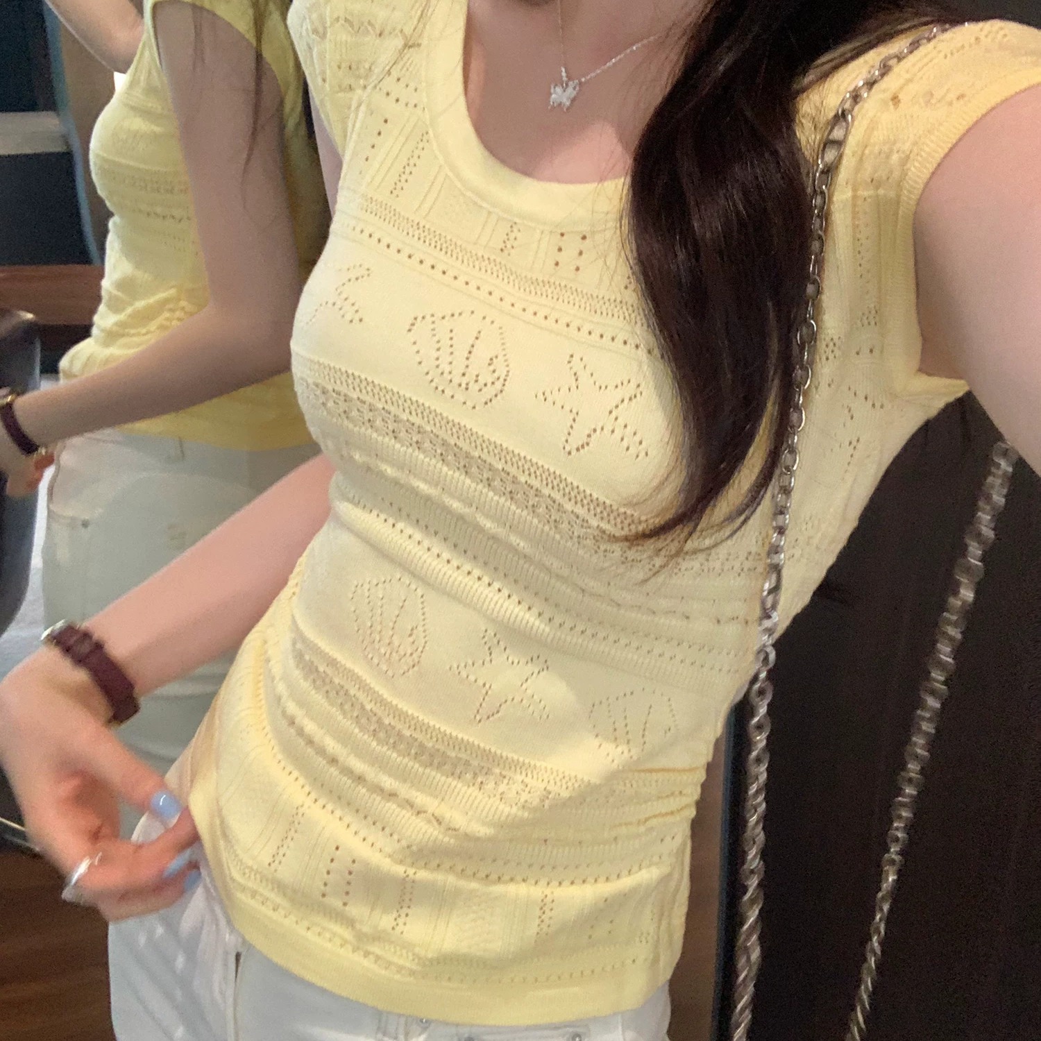 鉤花鏤空短袖針織衫女夏季2026新款設計感掐腰顯瘦修身短款小上衣