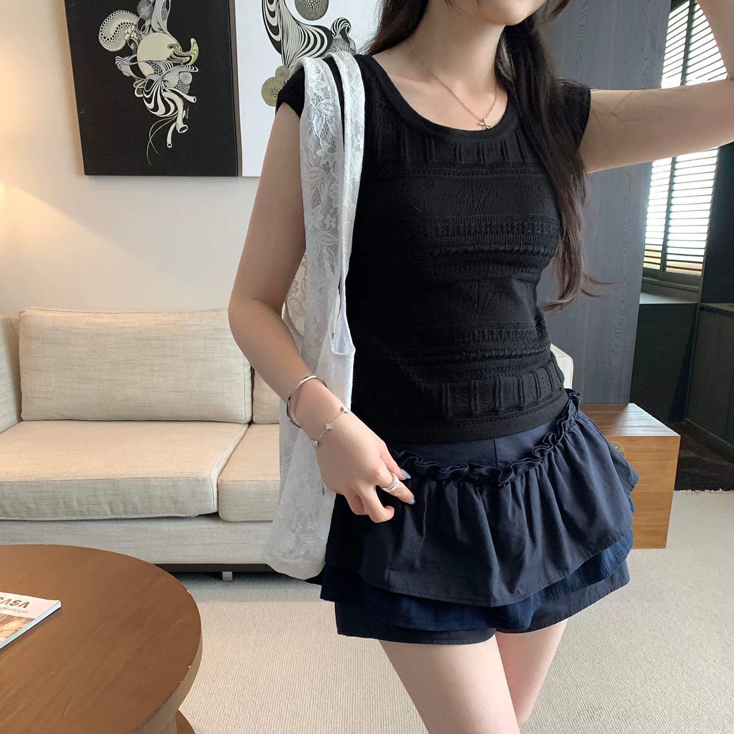 鉤花鏤空短袖針織衫女夏季2026新款設計感掐腰顯瘦修身短款小上衣