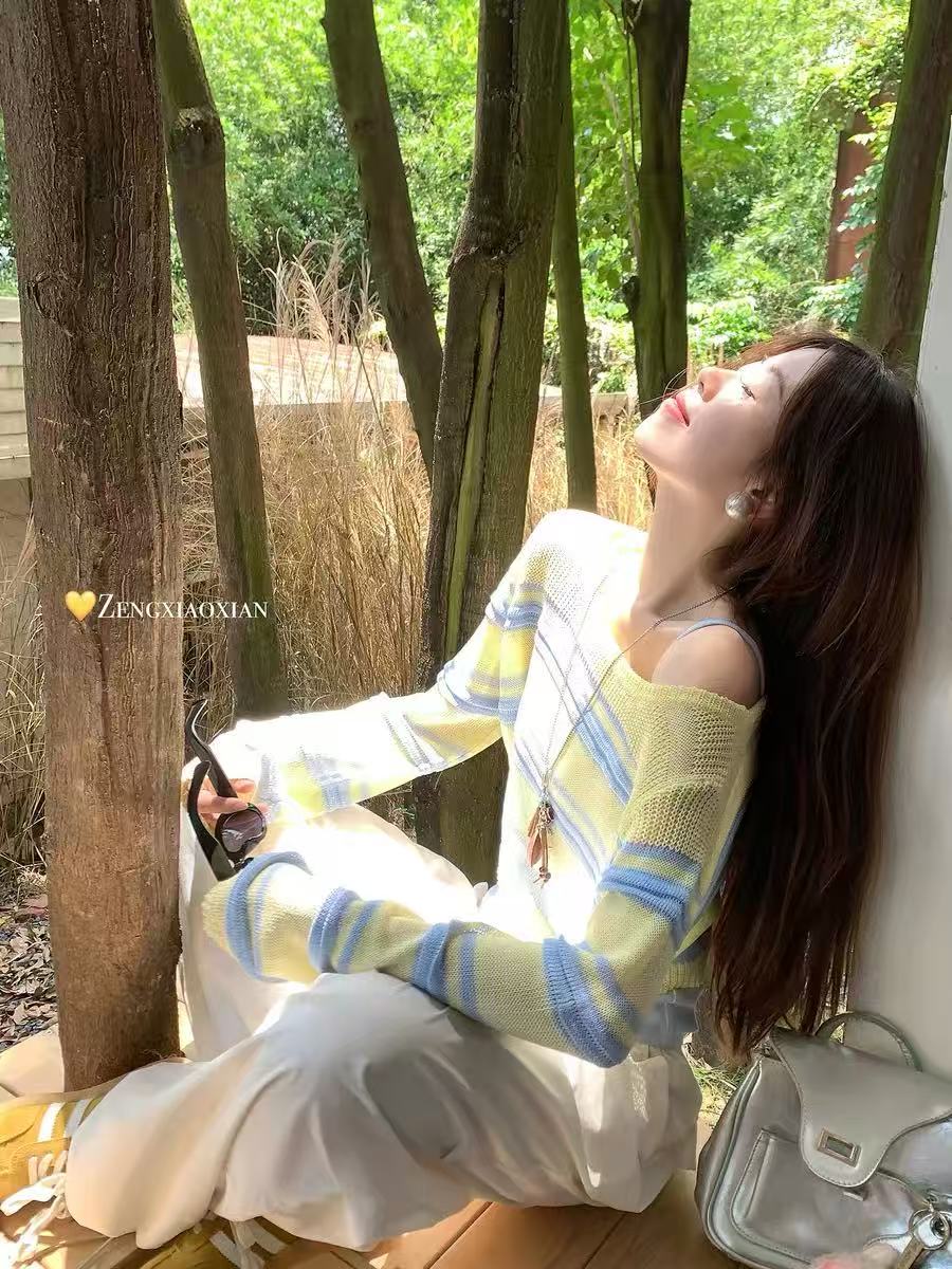 韓系條紋鏤空短款長袖針織衫女2026夏季新款薄款防曬罩衫上衣