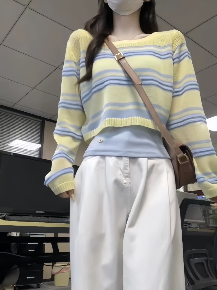 曾小咸 韓系條紋鏤空短款長袖針織衫女夏季新款薄款防曬罩衫上衣