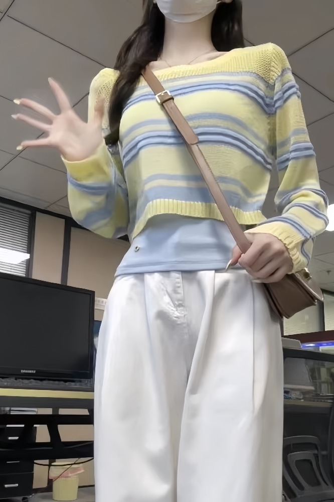曾小咸 韓系條紋鏤空短款長袖針織衫女夏季新款薄款防曬罩衫上衣