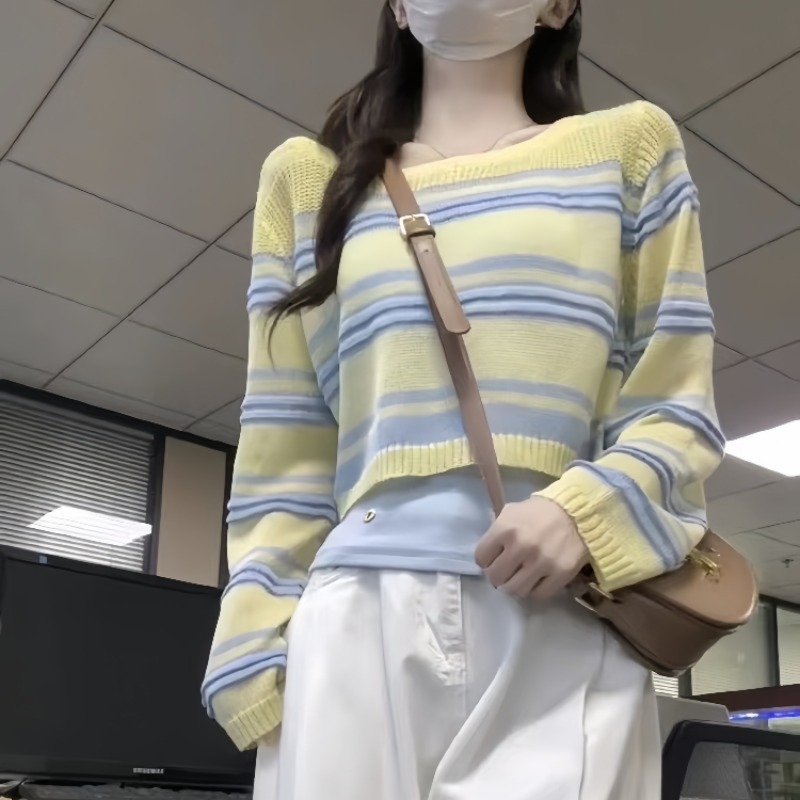曾小咸 韓系條紋鏤空短款長袖針織衫女夏季新款薄款防曬罩衫上衣