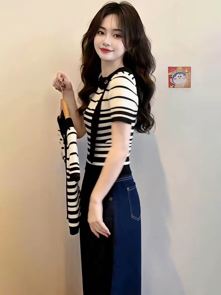 黑白撞色條紋翻領飄帶短袖T恤女2026夏季淡人高知穿搭巨好看上衣