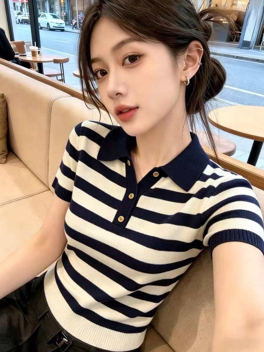 遮肚條紋POLO領短袖針織女夏季薄款潮流T恤寬松上衣