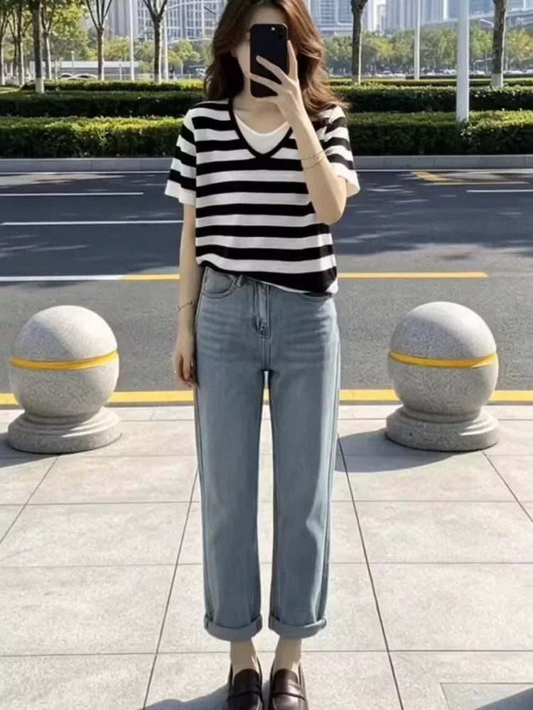 假兩件條紋撞色V領短袖針織衫女夏季新款寬松顯瘦百搭洋氣薄上衣